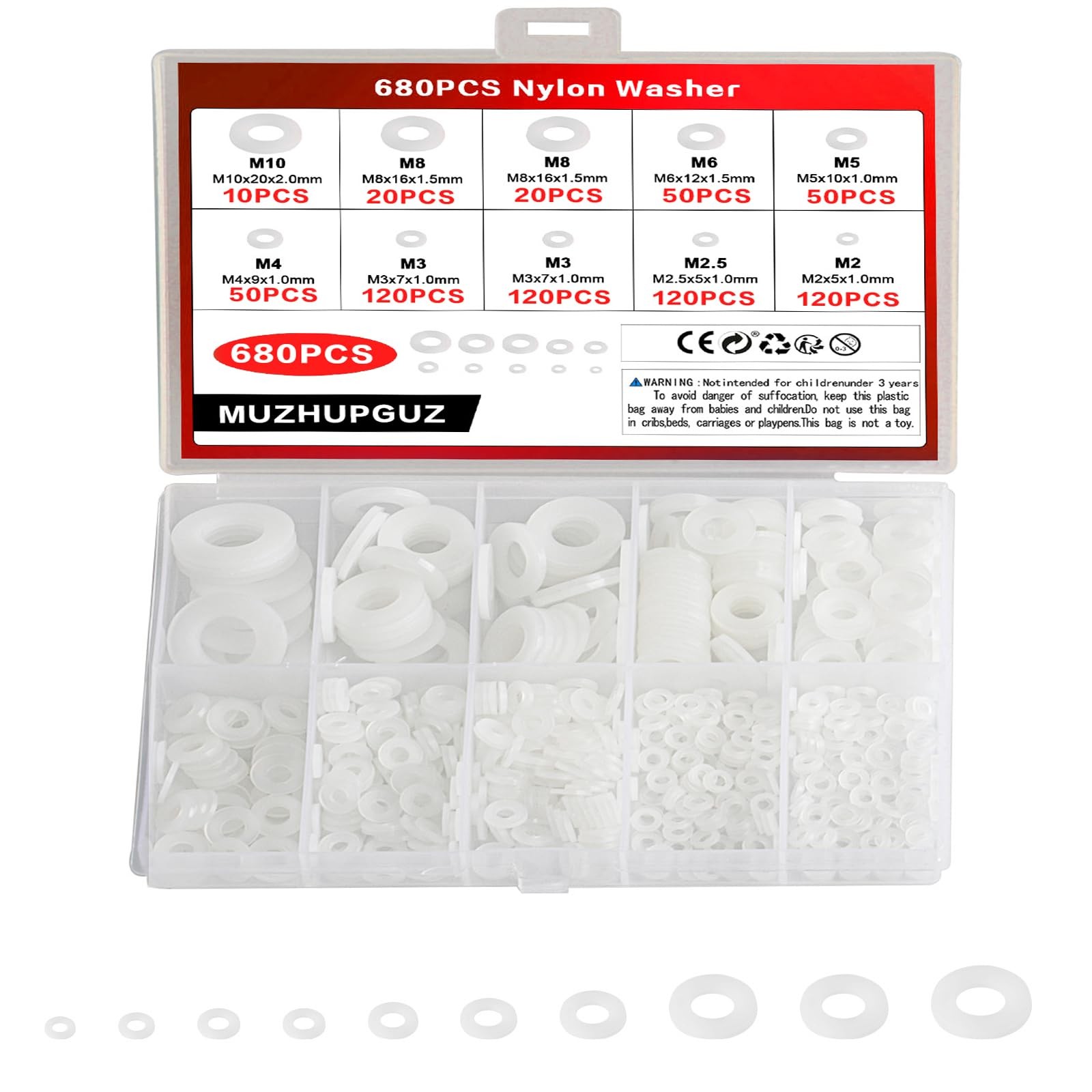 680 Pcs White Nylon Washers for Bolts, Plastic Flat 680 PCS, white