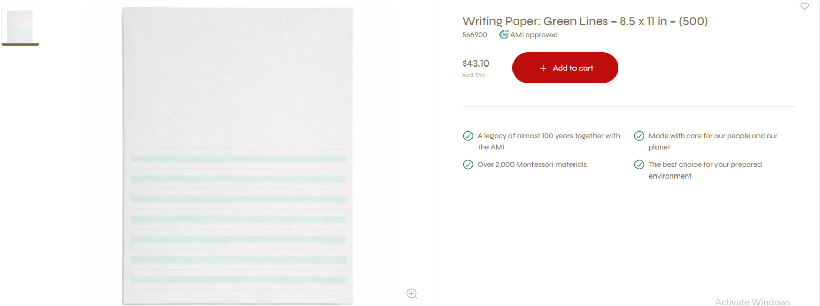Montessori Nienhuis NEW IN WRAPPER Green Line Paper 500 sheets- Paper NEW