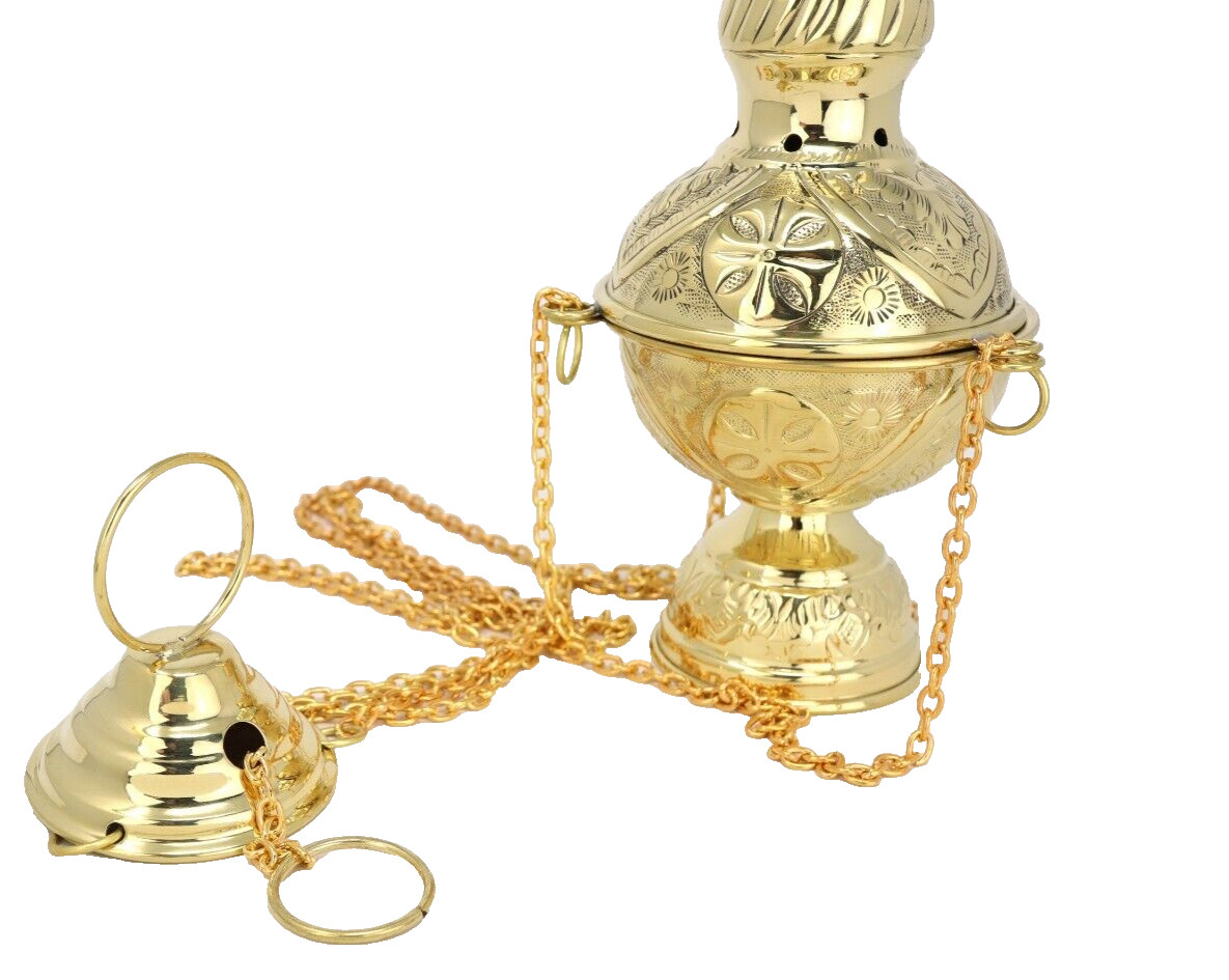 Polished Brass Hanging Incense Burner Embossed Cross Censer Without Bells 9 In