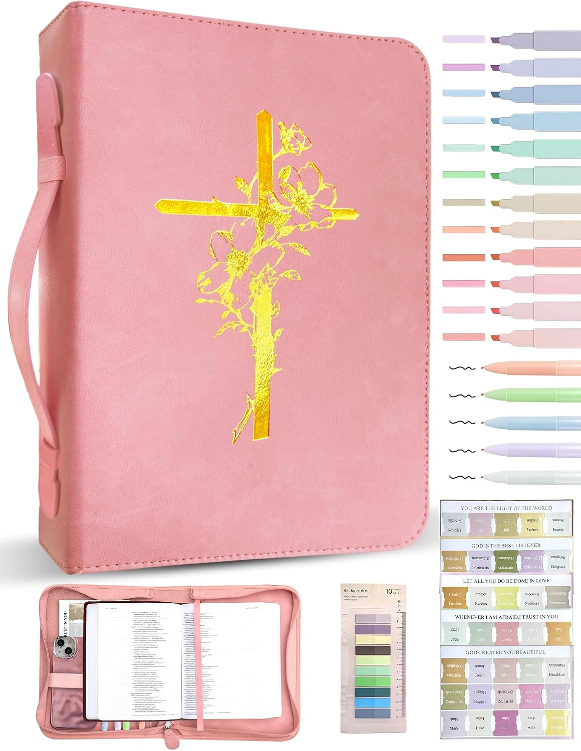 Bible Cover Case for Women, PU Leather Bible Study Organizer Bag with Cross Desi