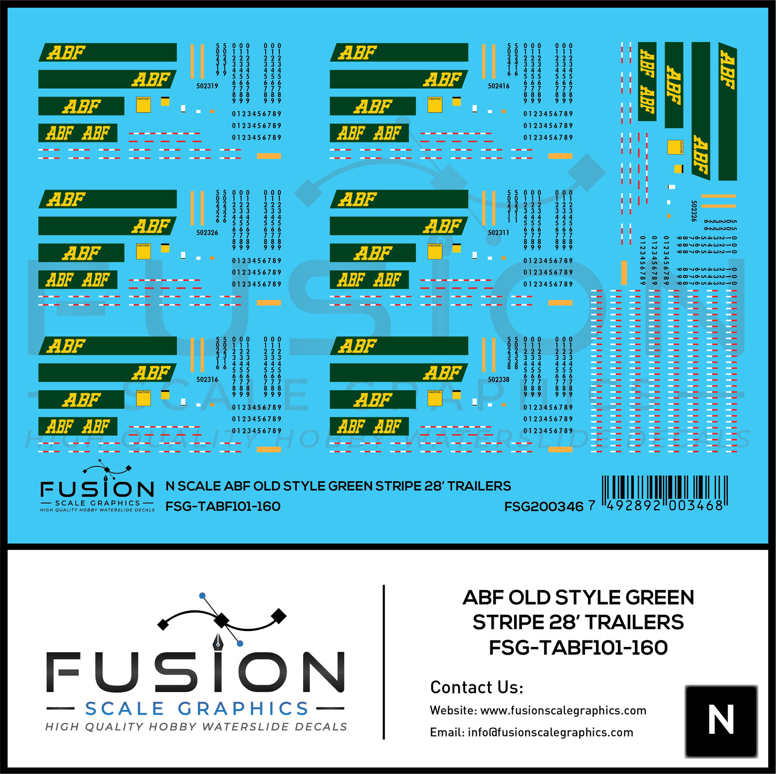 N Scale ABF Freight Old Style Green Stripe 28′ Truck Trailers Decal Set