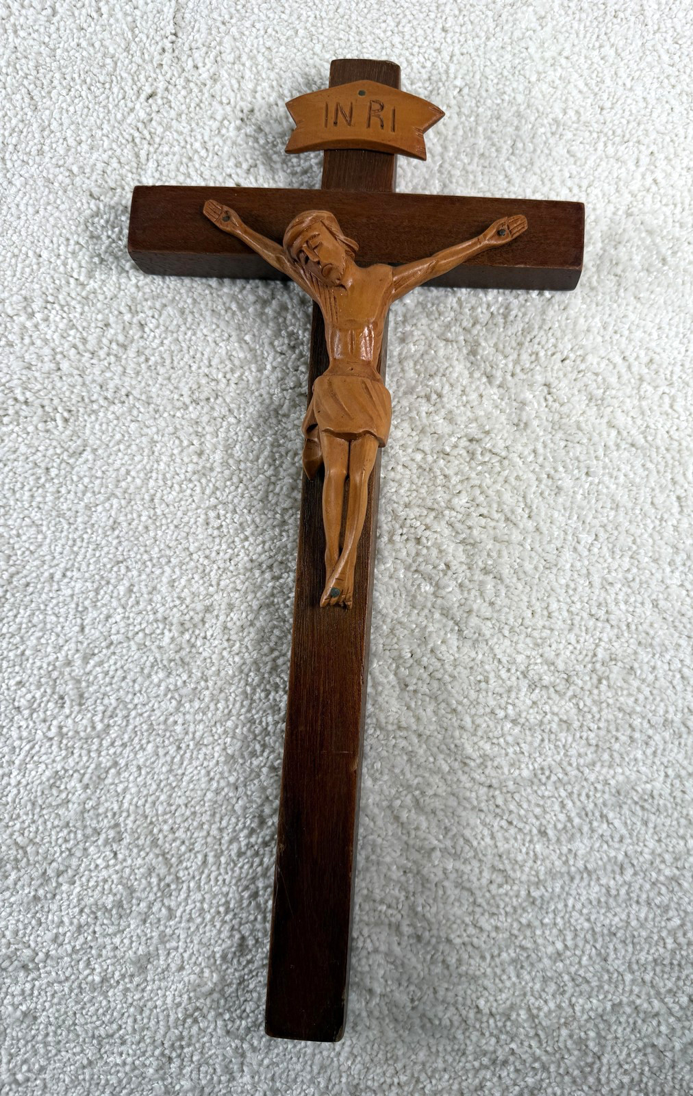 Vintage Wood Wall Crucifix INRI Jesus Christ Cross Carved Catholic Christian