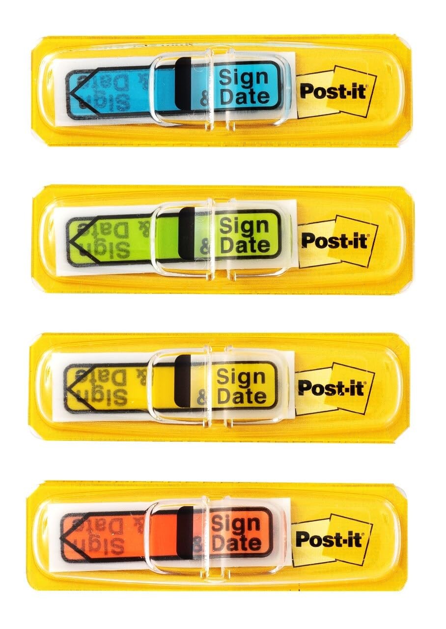 Post-it Message Flags, Sign and Date, 0.3″ x 2.8″, Primary Colors