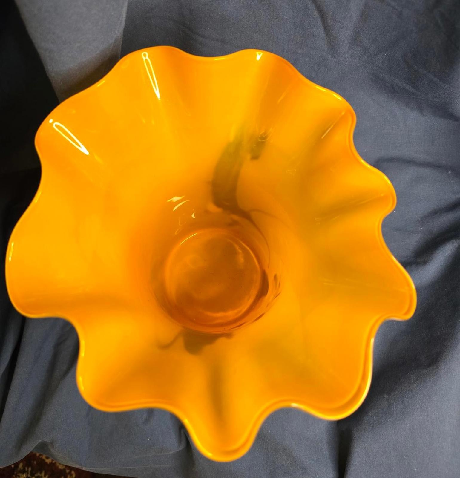 Vintage Murano Style Handkerchief Art Glass Vase Orange Green Ruffled Hand Blown
