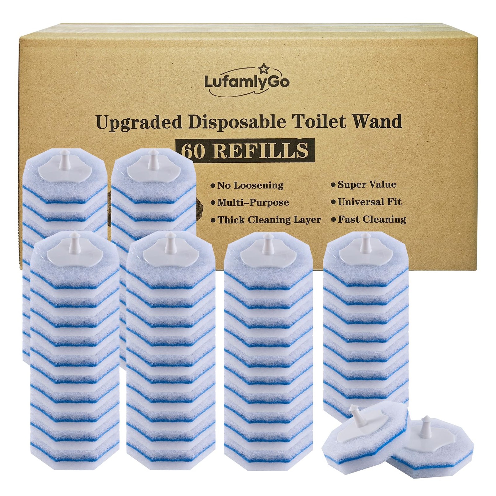 LufamlyGo Upgraded 60pcs Toilet Wand Refills fits 1 Count (Pack of 60), blue