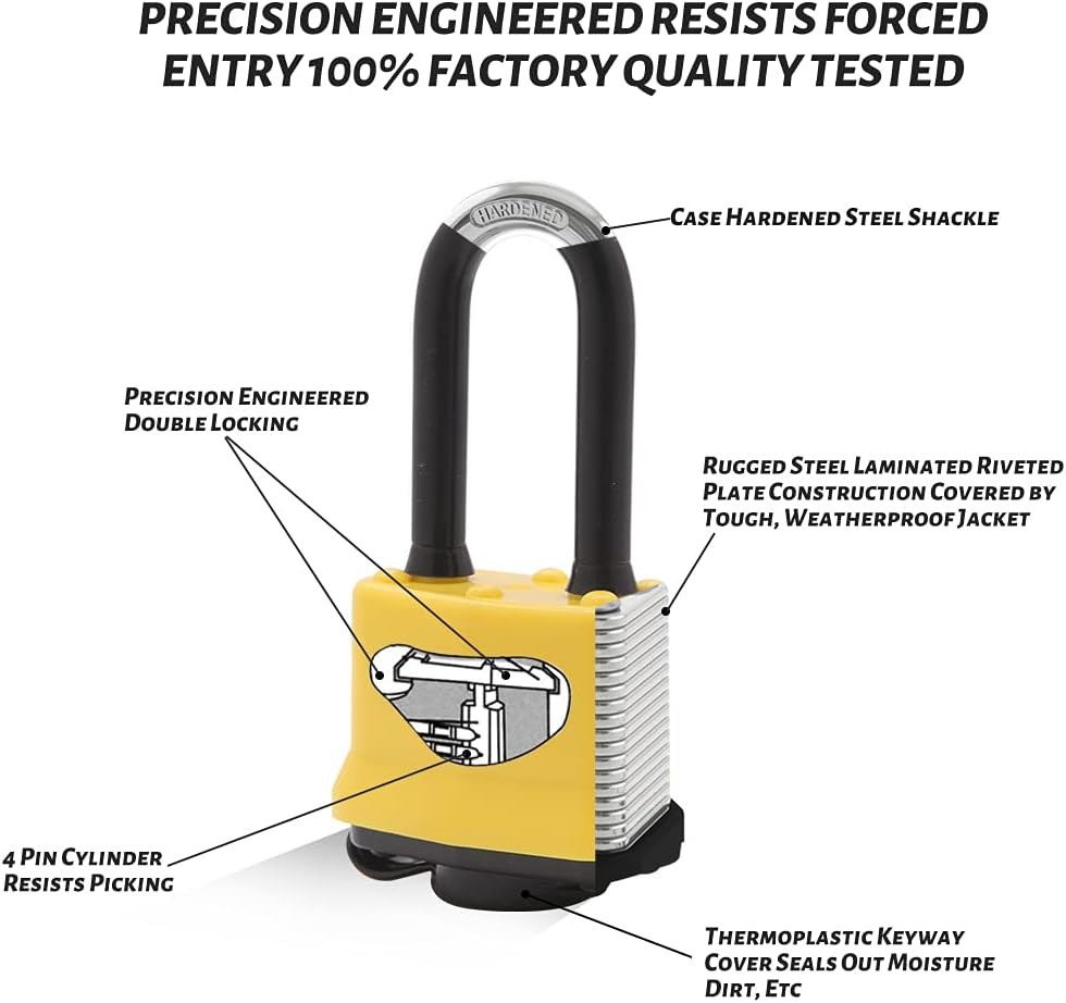 4 Pack Heavy Duty Covered Laminated Steel Padlocks Keyed 4 Pack*40LS, Yellow