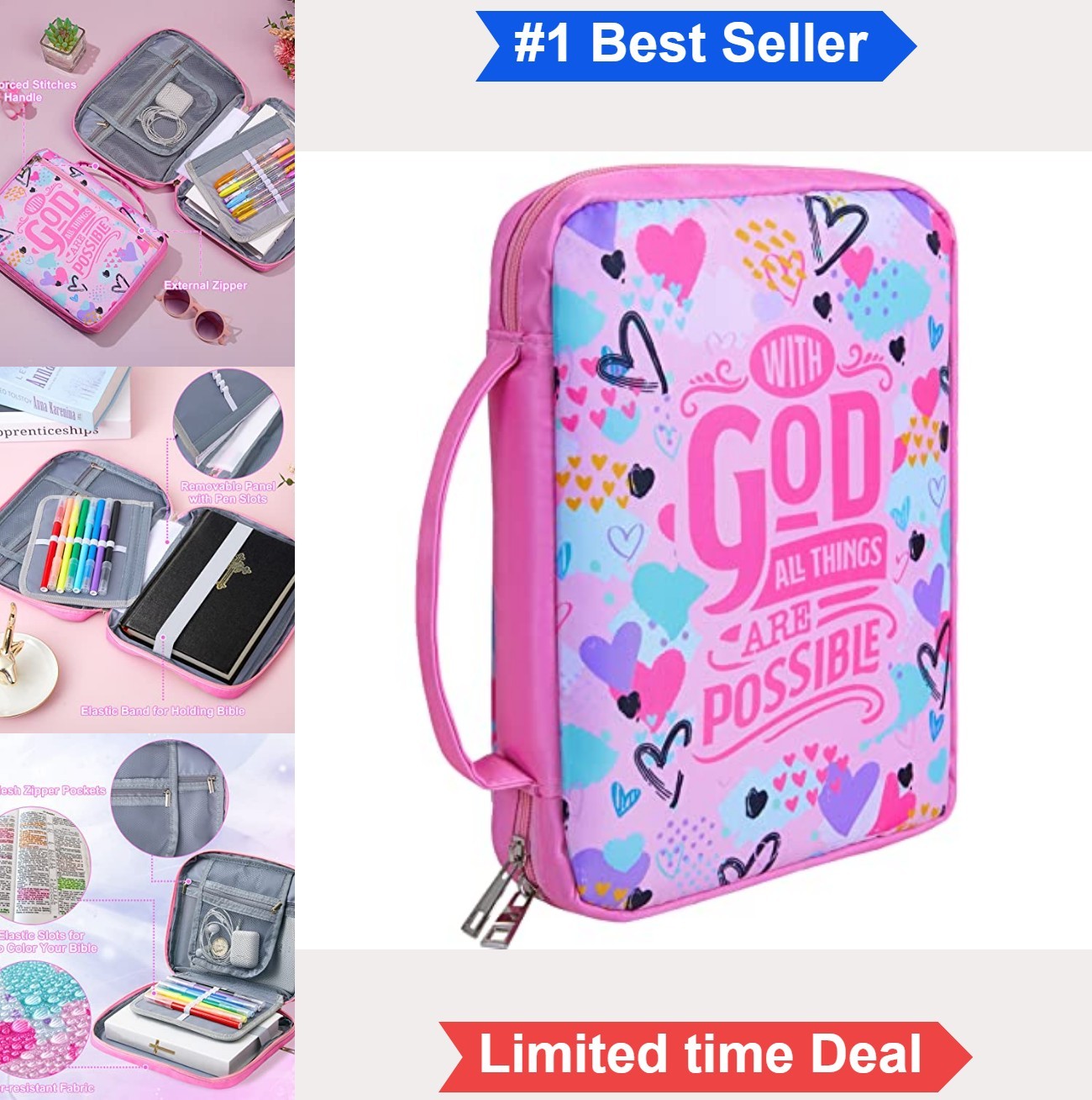 Bible Cover Case with Handle 10x8x2 Inch Water Resistant Polyester Zipper Pen