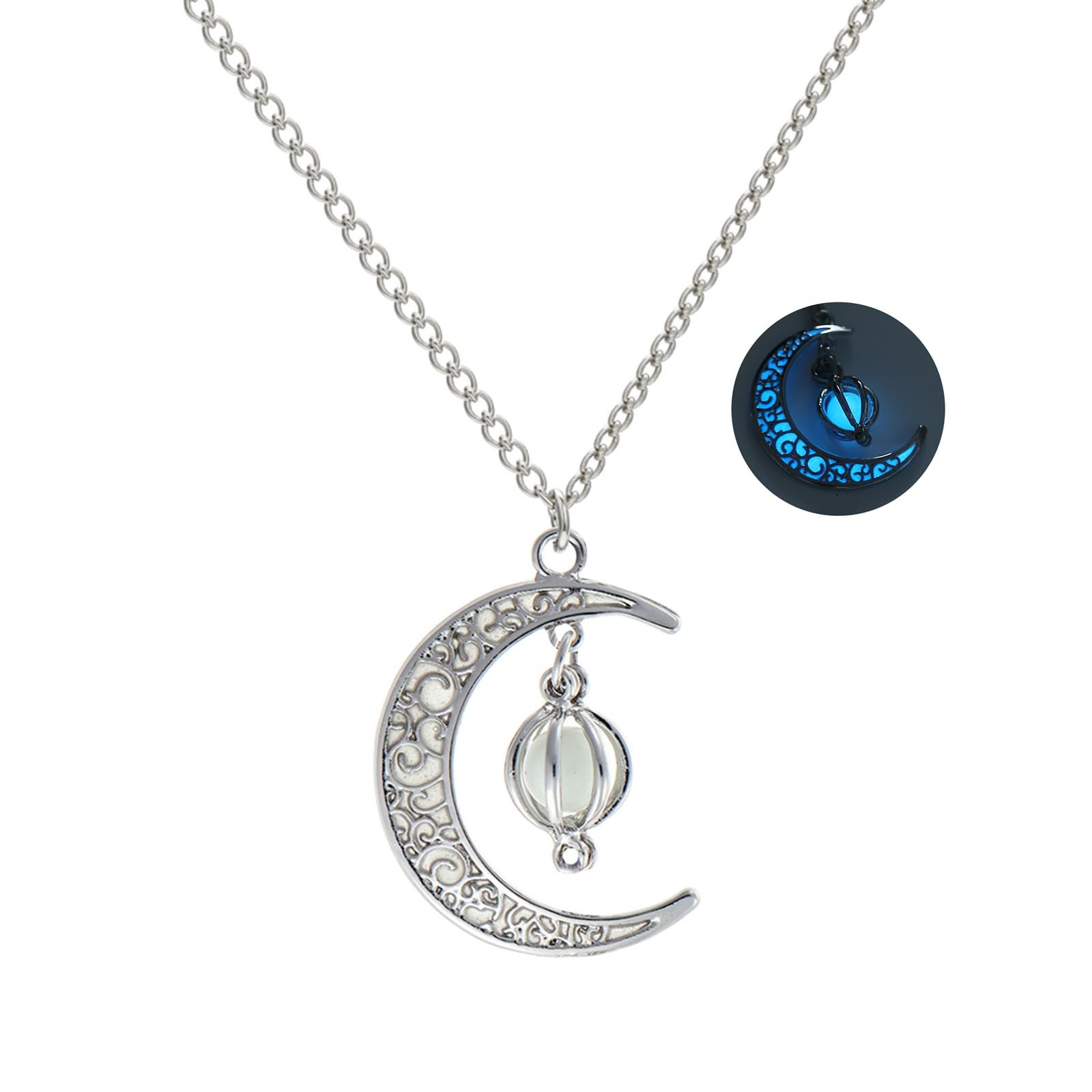 EEQQBZ Glow in The Dark Silver Crescent Moon and Orb Necklace – sky blue
