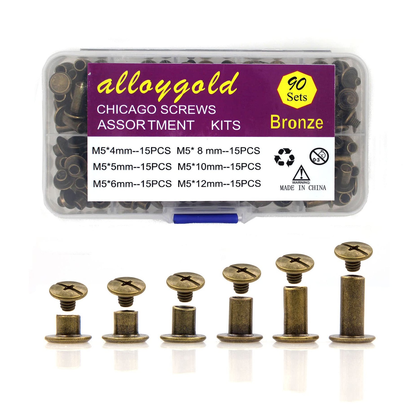 90 Sets Bronze Chicago Screws Leather Assorted Kit M5*4.5.6.8.10.12mm,