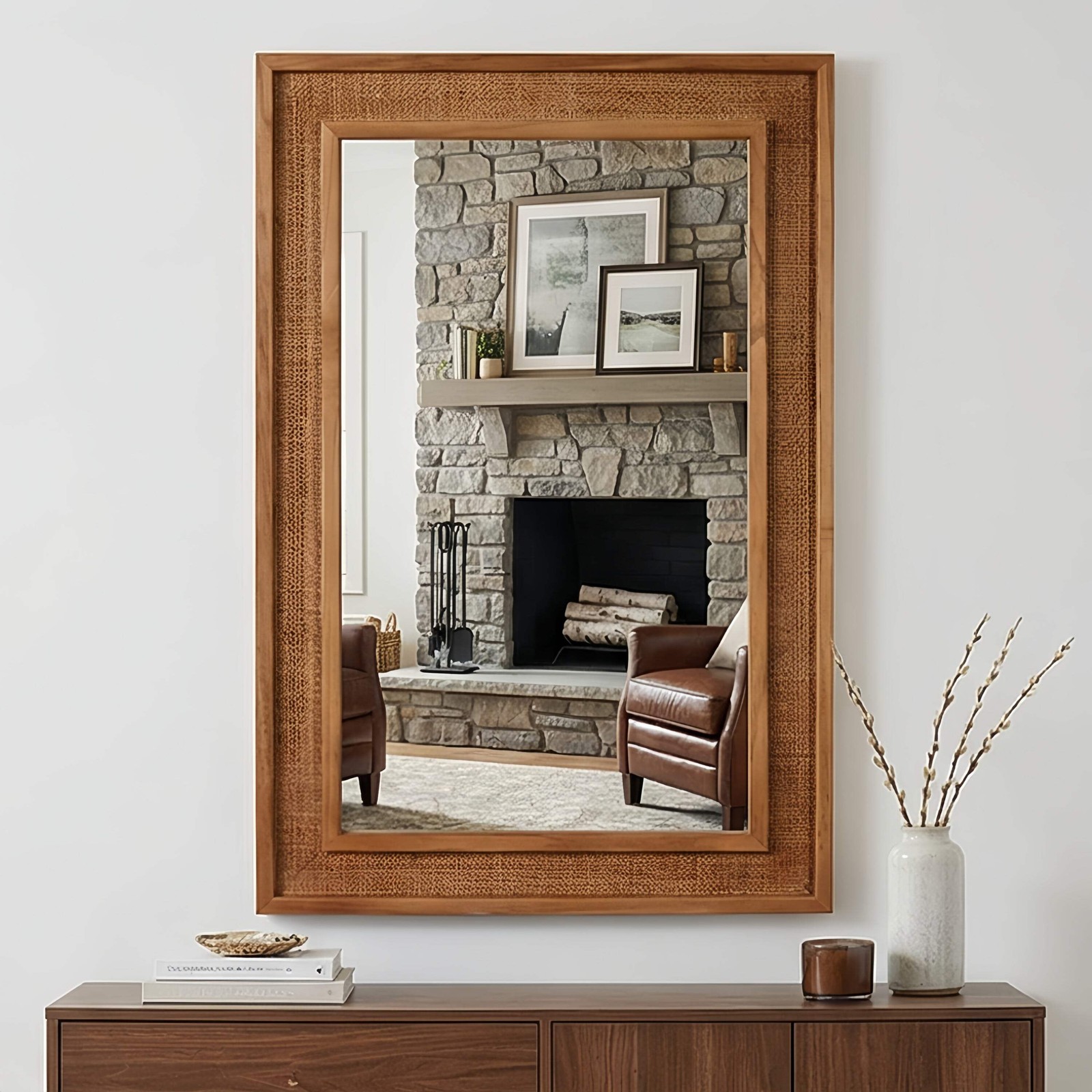 Yellowish Brown Rattan Rectangle Mirror 24×36 Farmhouse