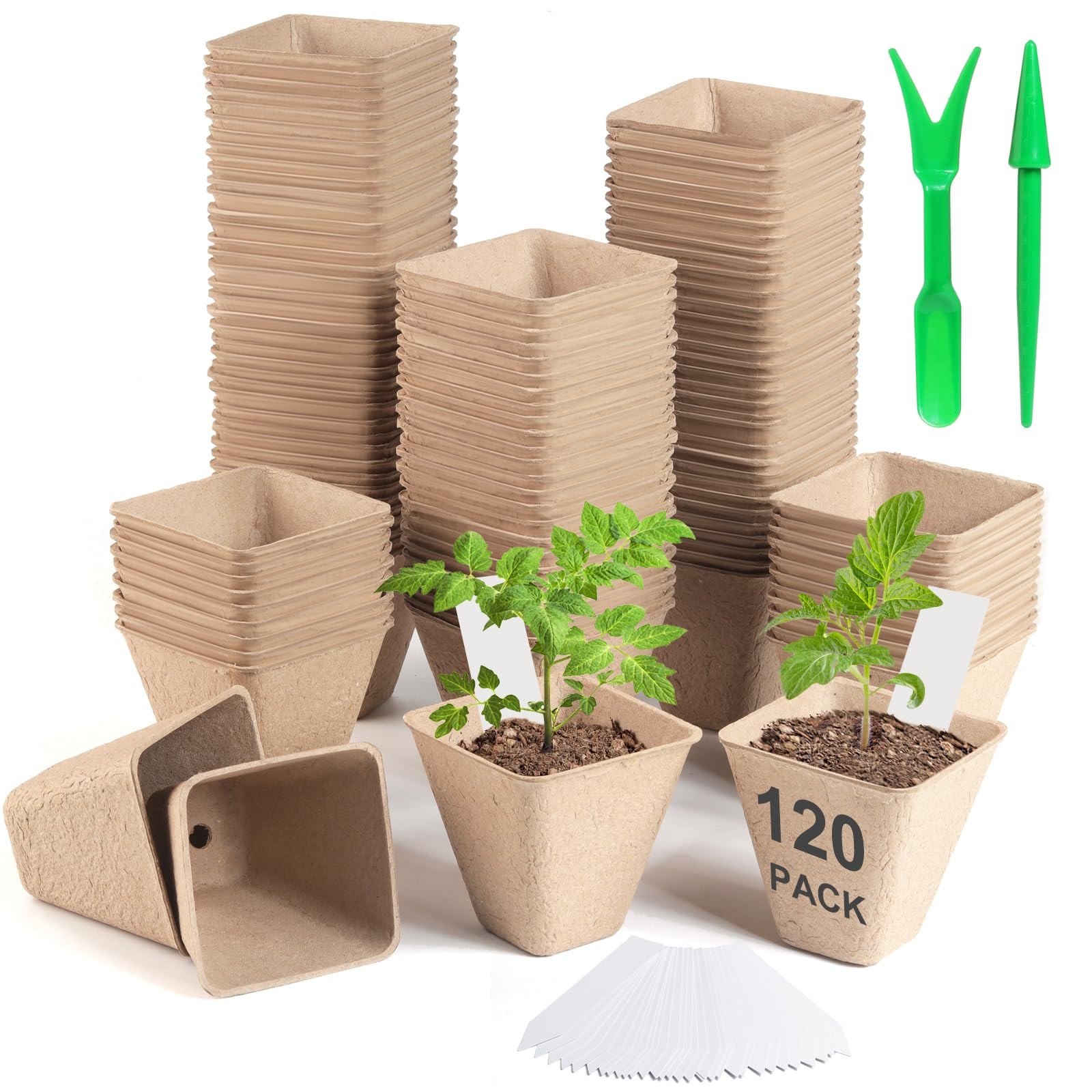 Baxrou 120 Pack 3.15 Inch Square Peat Pots for Seedlings, inches, Khaki