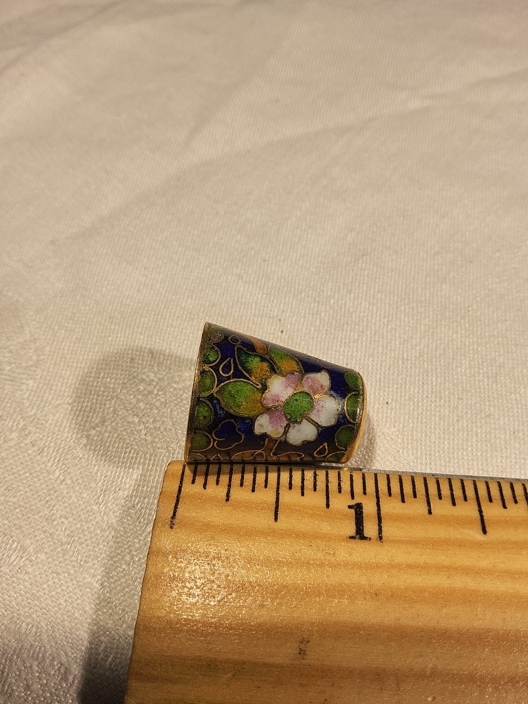 Cloisonne Enamel Cobalt Blue Green, Pink White Flowers Thimble Brass Trim