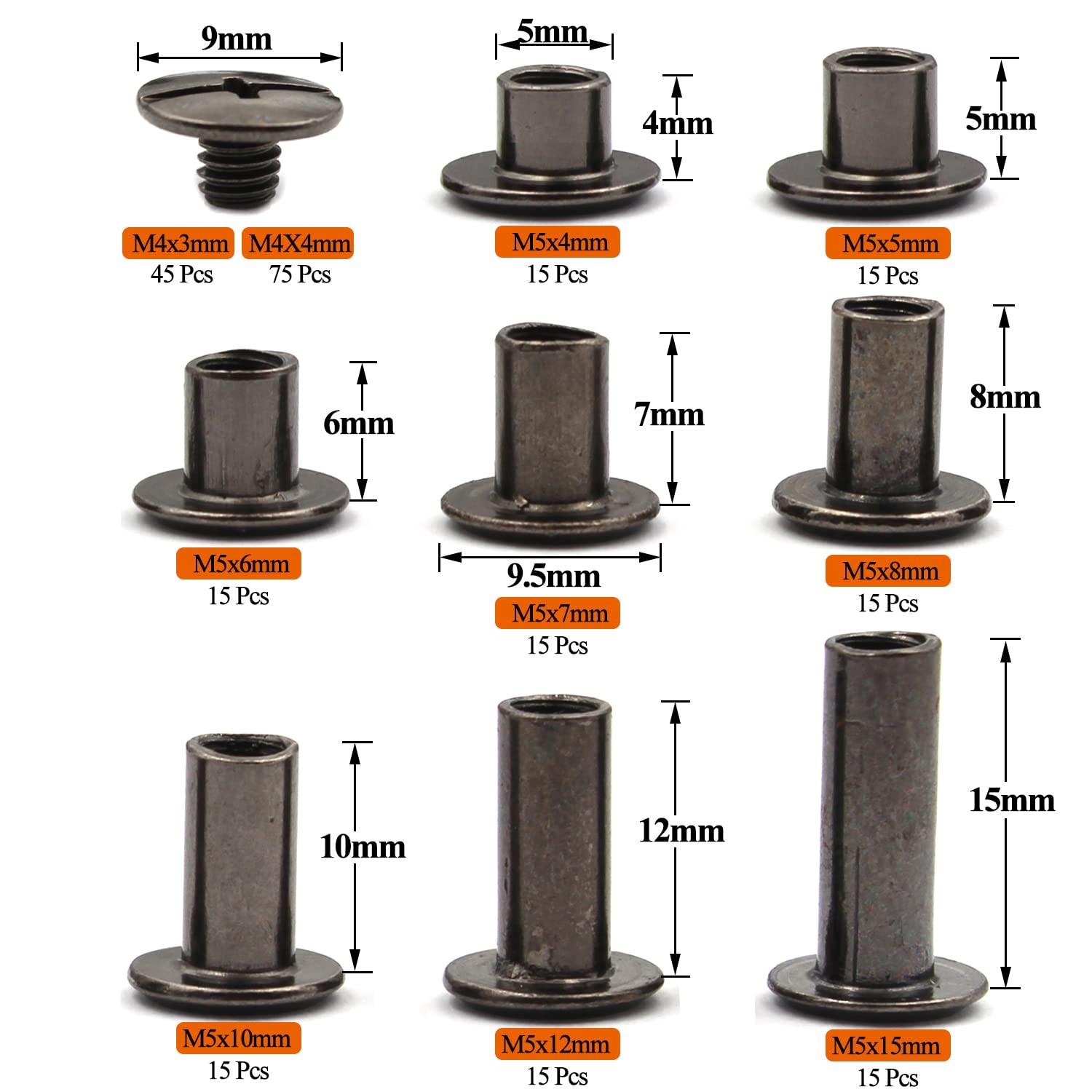 Alloypro 120Pcs Black Chicago Screws Gun Metal-4,5,6,7,8,10,12,15, Metal