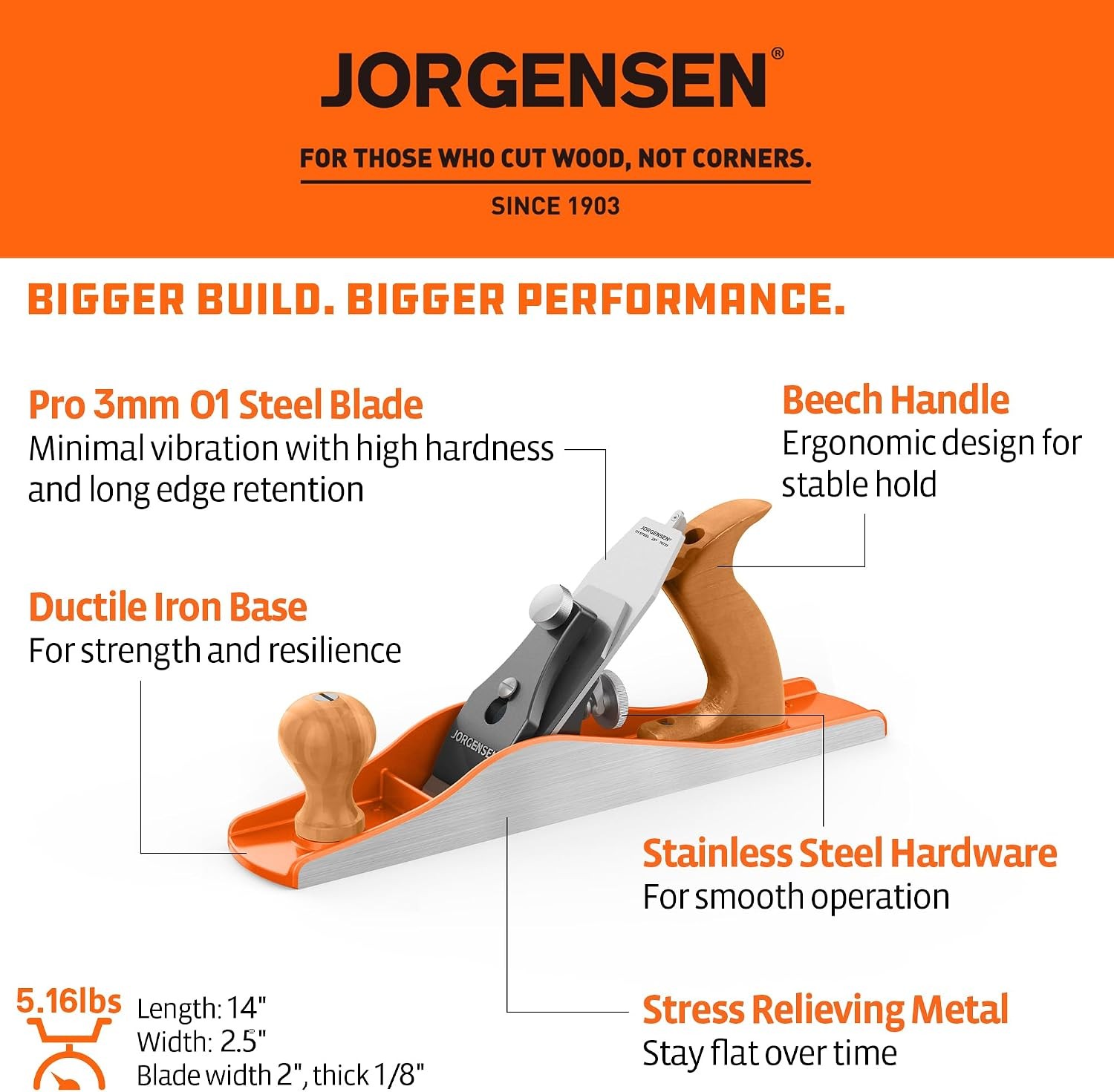 JORGENSEN No.5 Wood Planer, Hand Planer for Woodworking, Jack Plane for Flatte