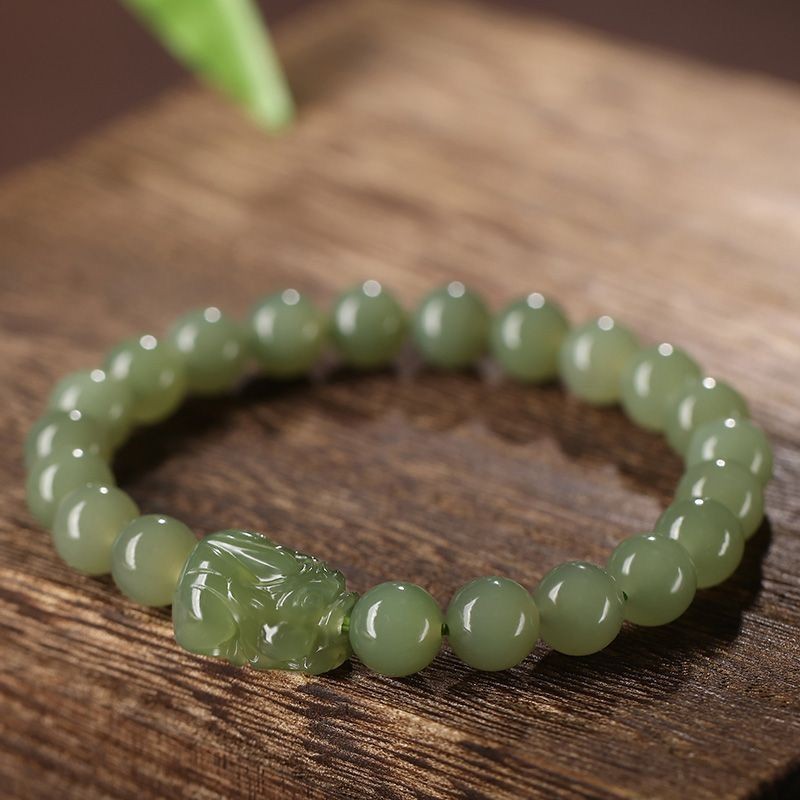 Hetian Style Jade Bead Bracelet 12mm Green Lucky Charm Pixiu Style Unisex