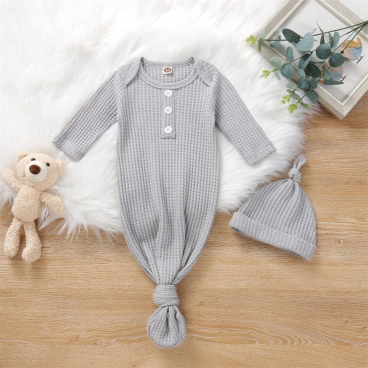 Twopumpkin Baby Girl Boy Coming Home Knotted 0-3 Months, A Waffle Knit Gray