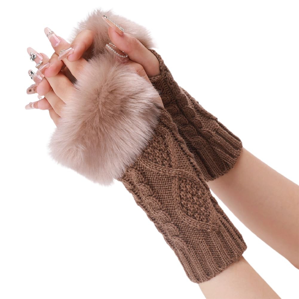 CABODYALS 2 Pairs Furry Arm Warmers Fingerless Gloves Soft One Size, Khaki