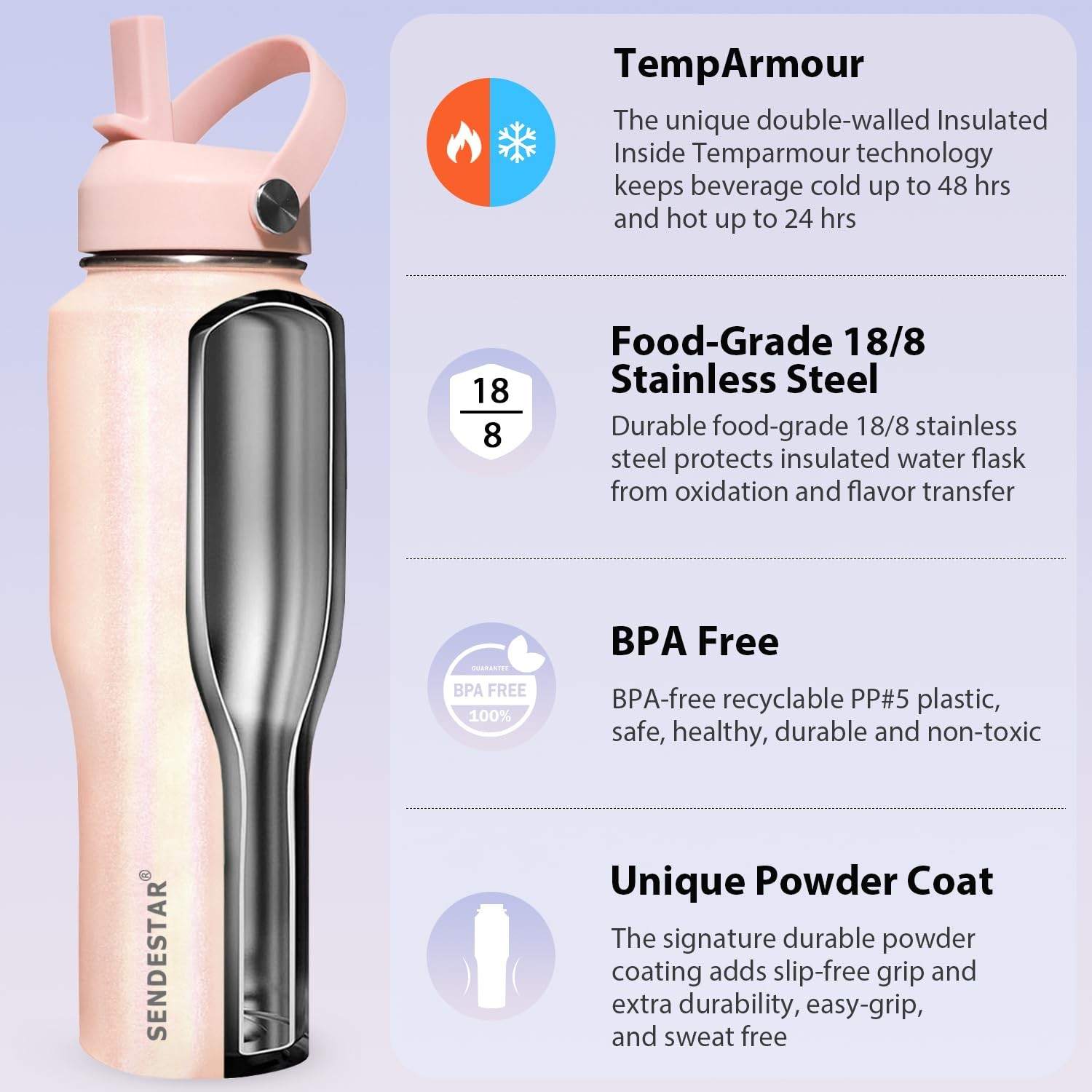 SENDESTAR 32oz Stainless Steel Water Bottle – Cold 48H/Hot 24H – Laser Pink
