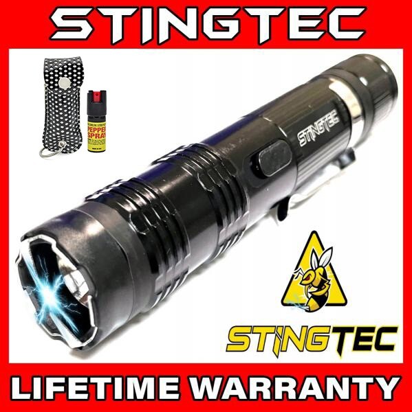 Stun Gun Black Metal 550 BV Rechargeable LED Flashlight w Pepper Spray Tool NEW