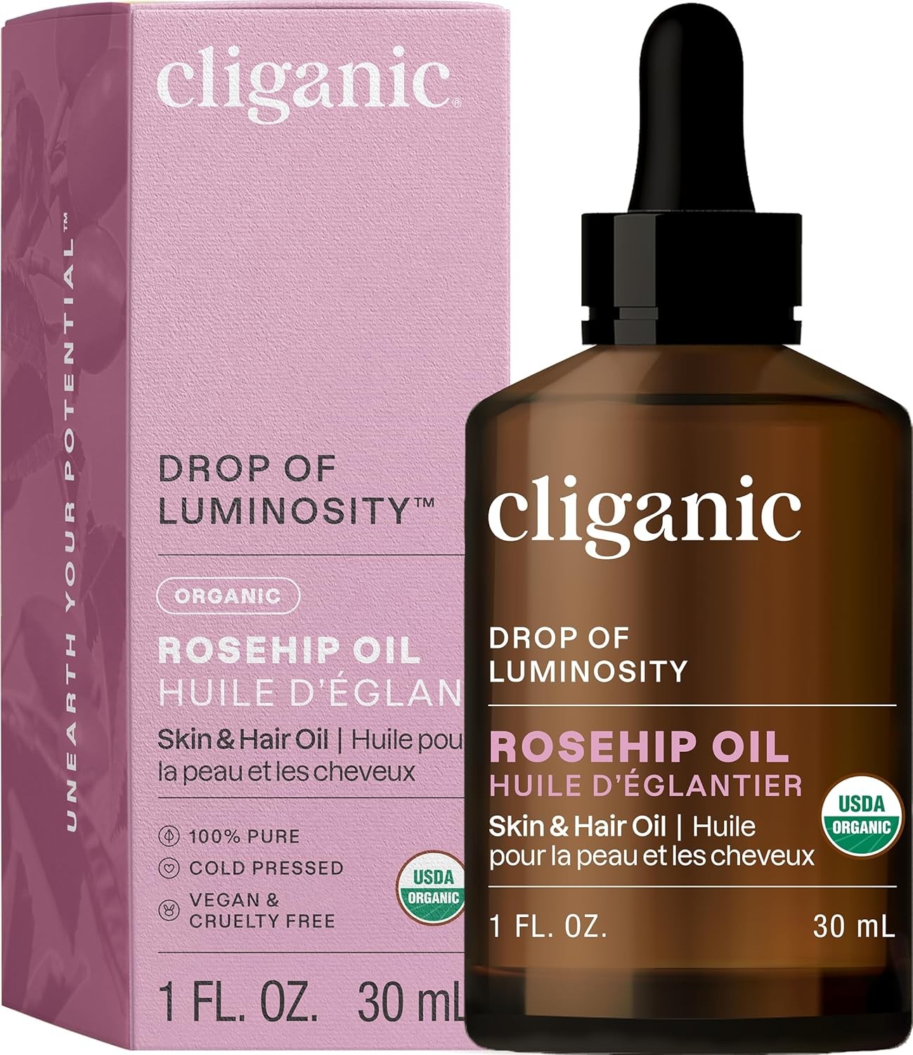 Cliganic Organic Rosehip Seed Oil for Face, 100% Pure | 1 Fl Oz (Pack of 1)