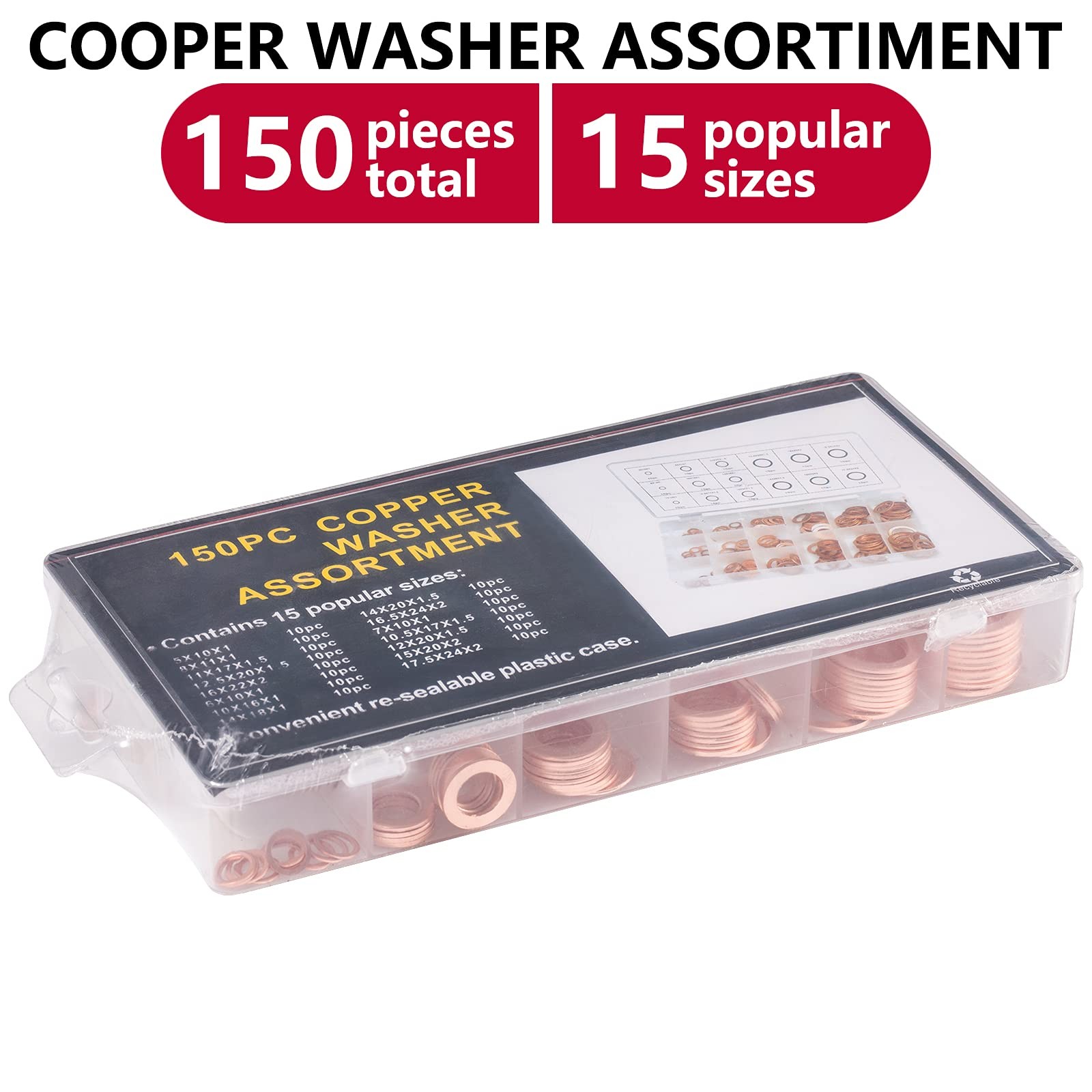 Toolwiz 150PCS 15 Sizes Copper Washers Metric Sealing 5mm to 17.5mm,