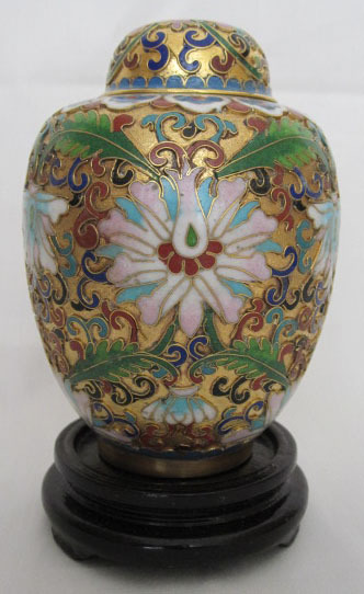 4 1/2″ Beijing Cloisonne Cremation Urn China Gold Green & Purple Floral – New