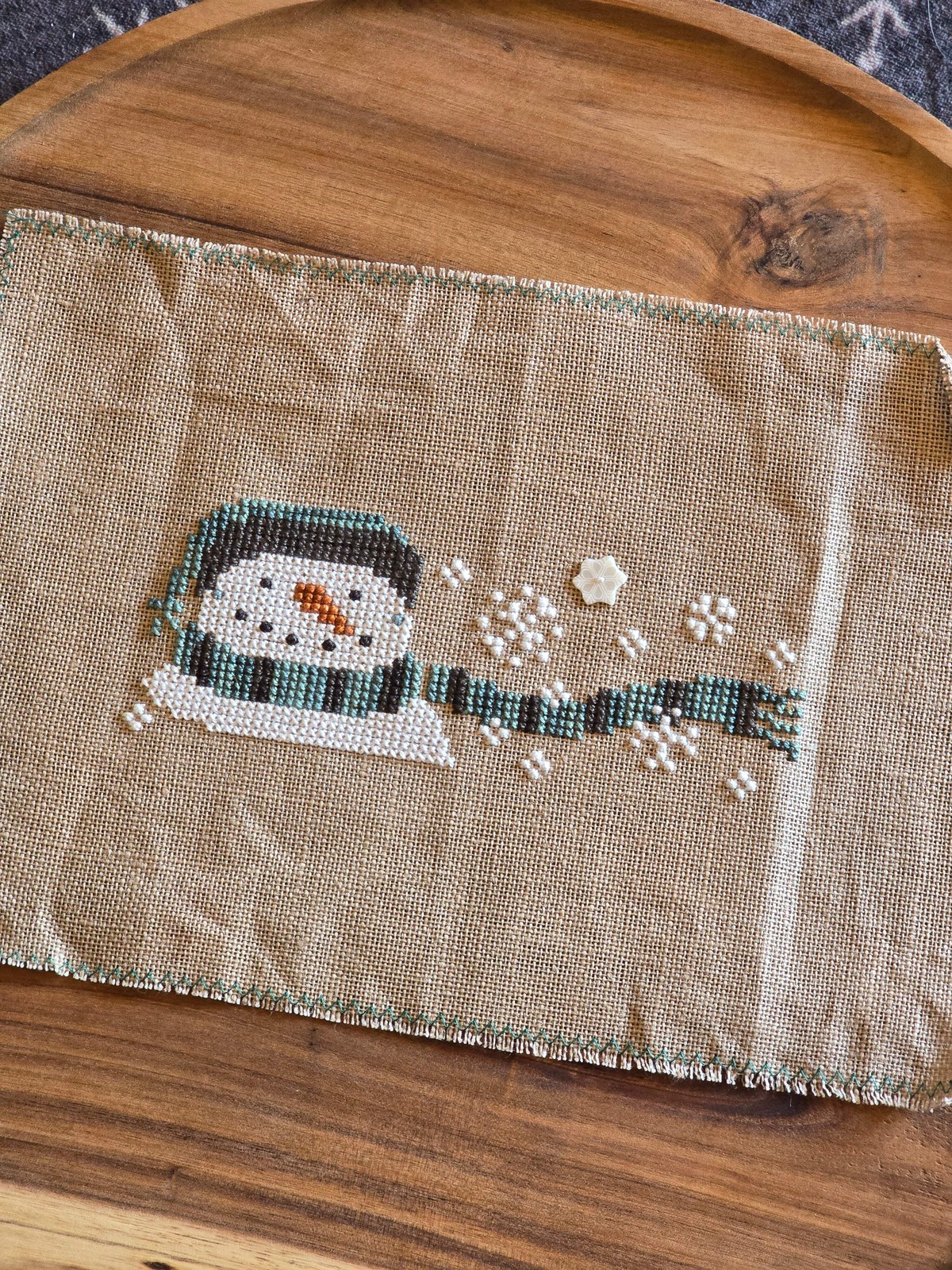 Unknown Designer – Snowman with Blue Hat and Scarf – Completed Cross Stitch