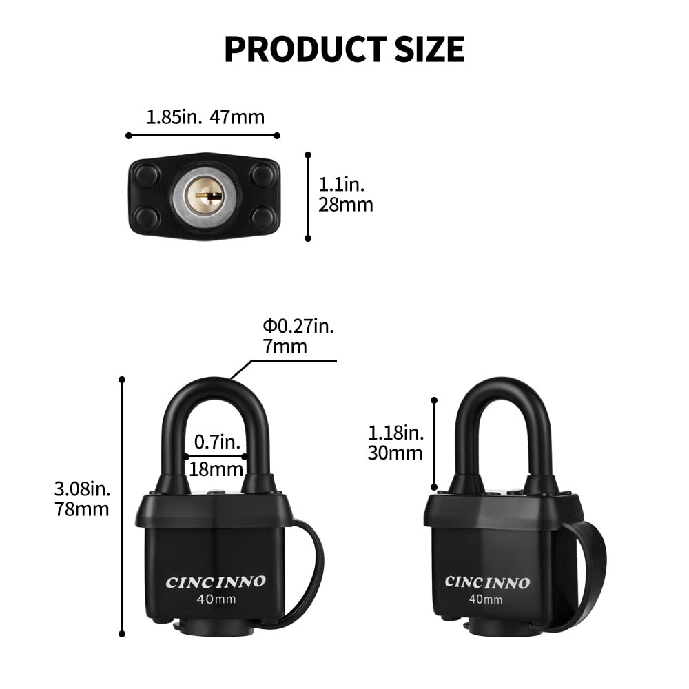 CINCINNO 40mm Padlock with Key,Weatherproof Laminated 40SS*12 Pack, Black
