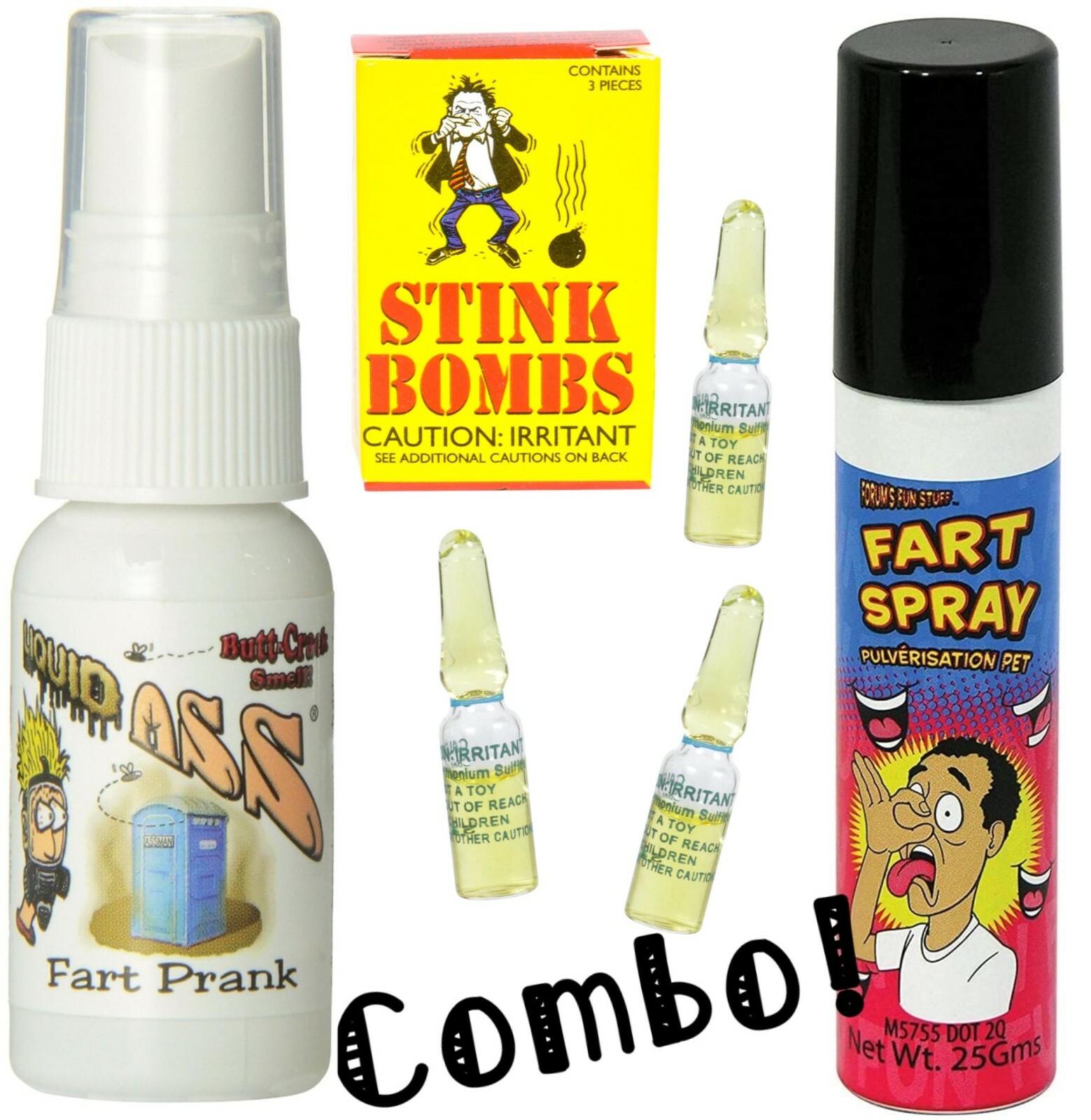 1 Liquid Ass + 1 Fart Spray Can + 3 Stink Vials + Joker’s Prank GaG Joke Set