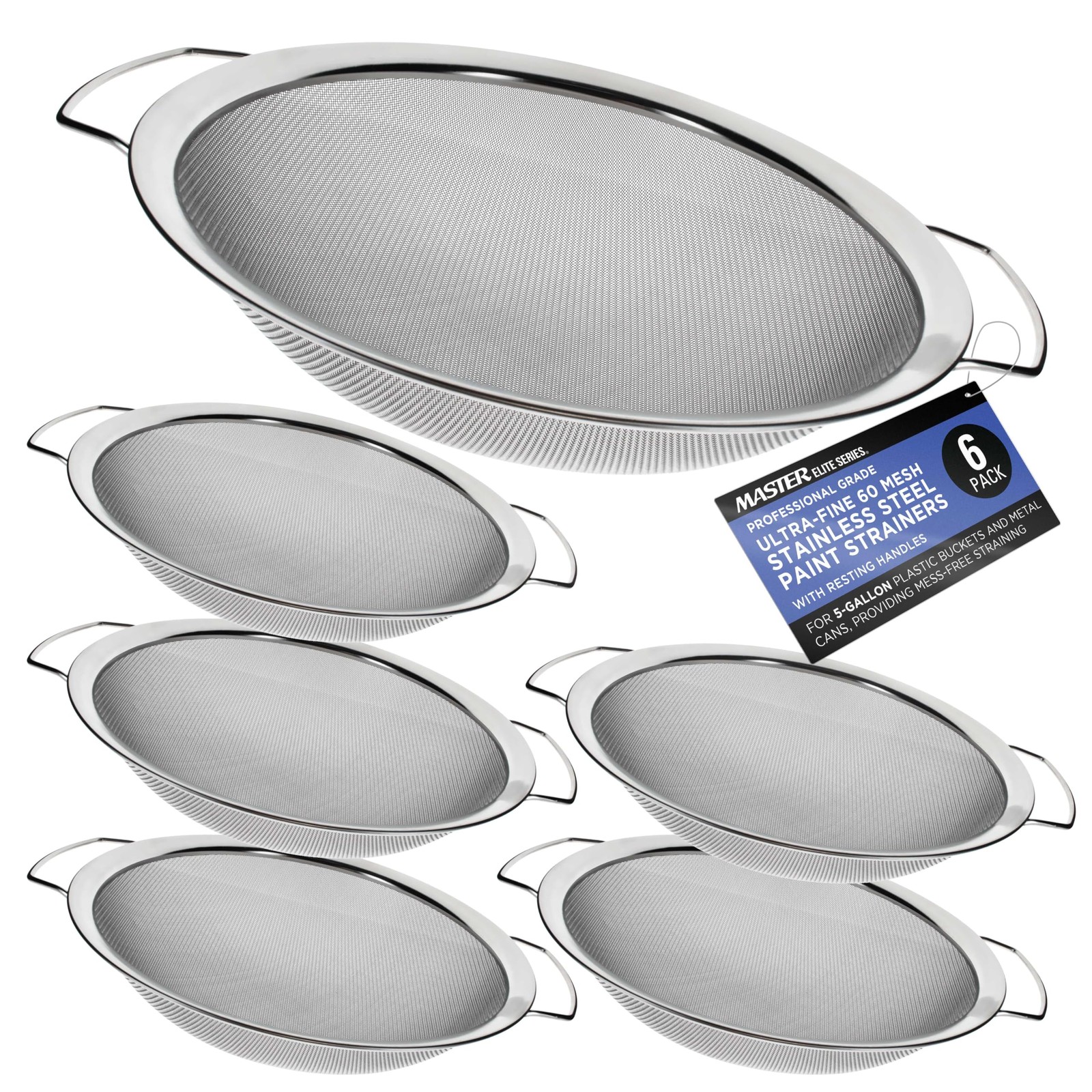 Master Elite 60 Mesh Stainless Steel Paint Strainer, 6 Pack – Fits Over 5 Gallon