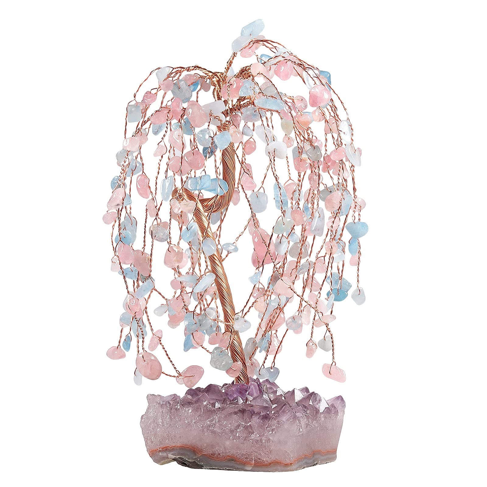 SUNYIK Rose Quartz and Aquamarine Healing Crystal Money Tree Set on Pink/Blue