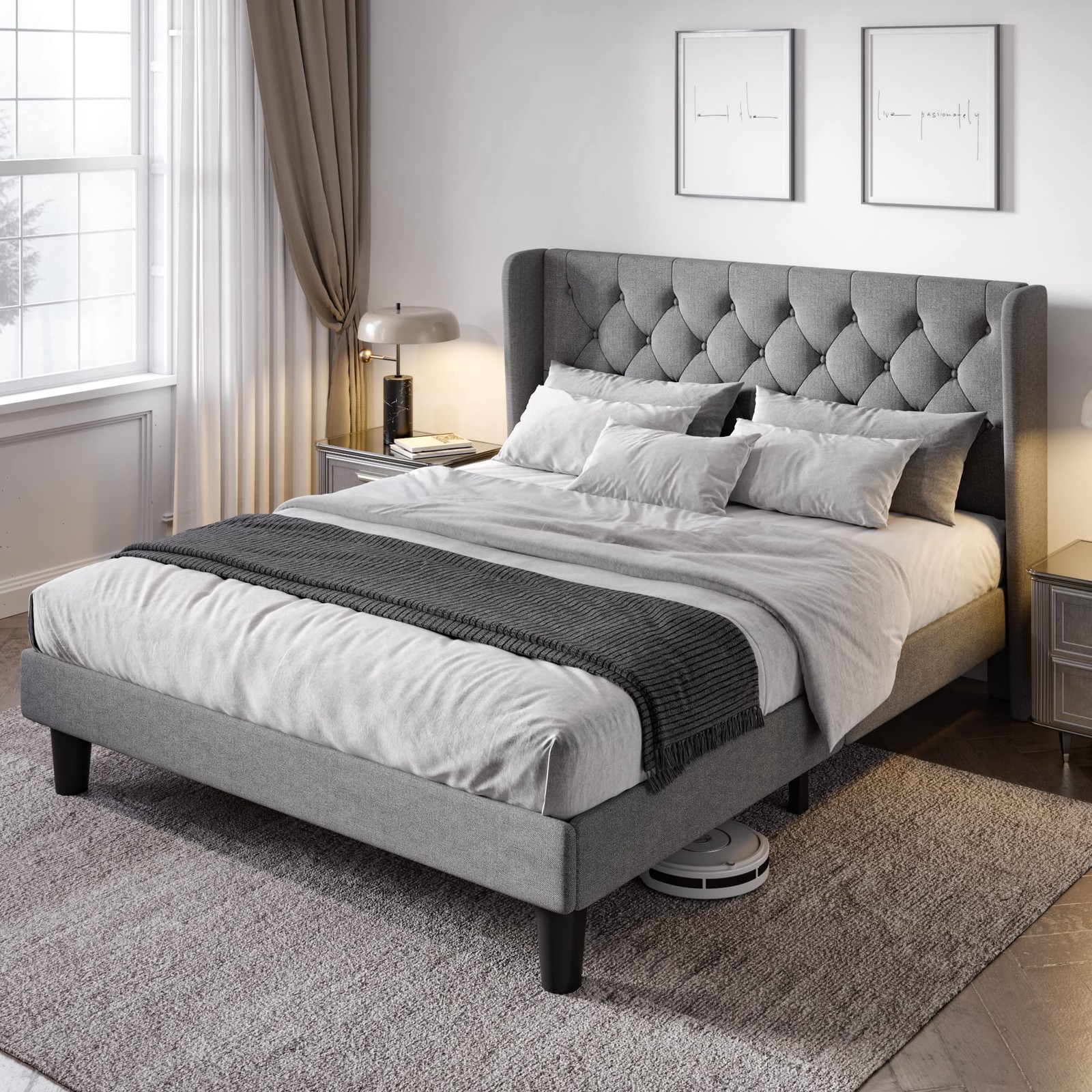 Allewie Full Size Bed Frame with Button Tufted Wingback Full, Light Grey