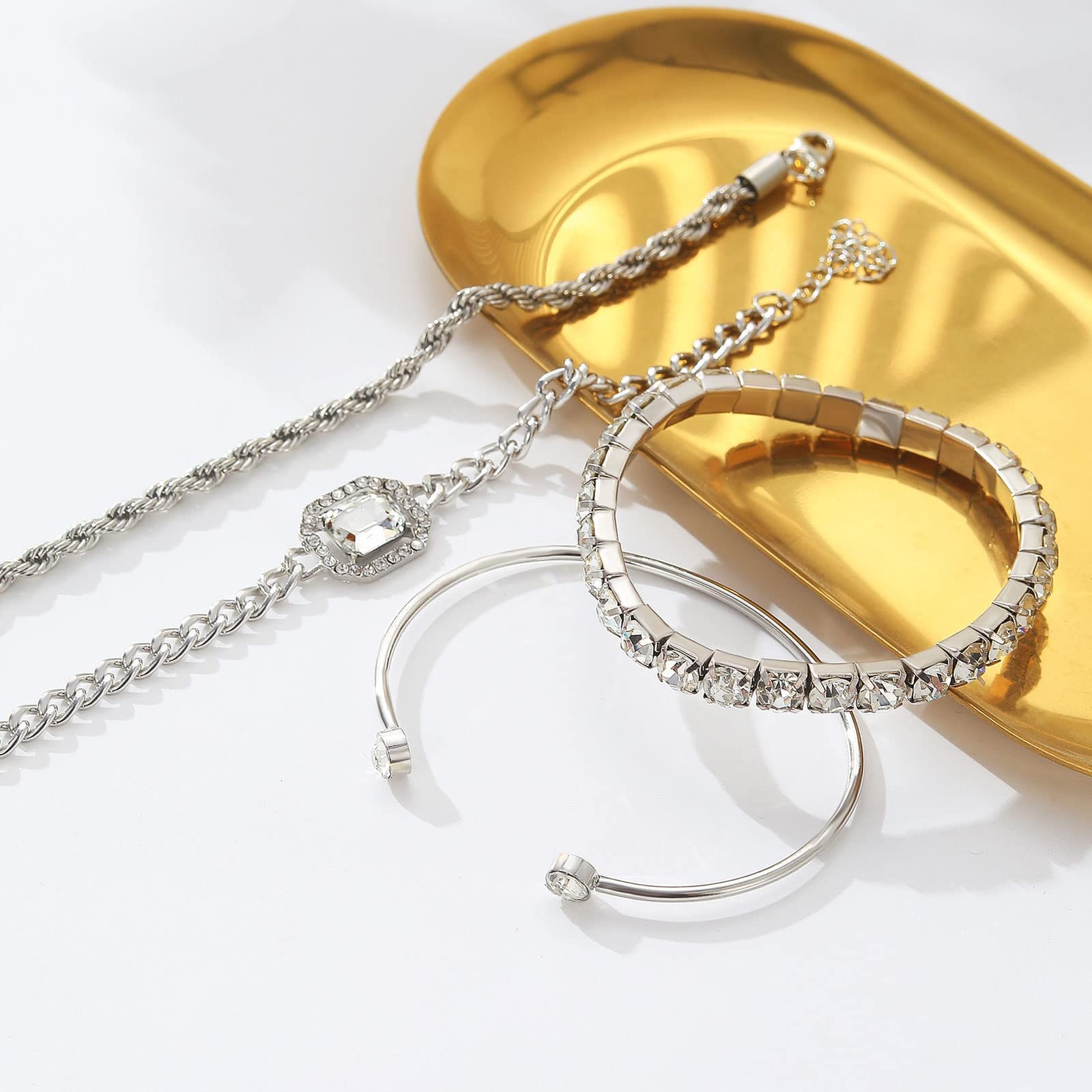 17IF 4 Pcs Dainty Silver Bracelets Set for Women 14K Plated Large,