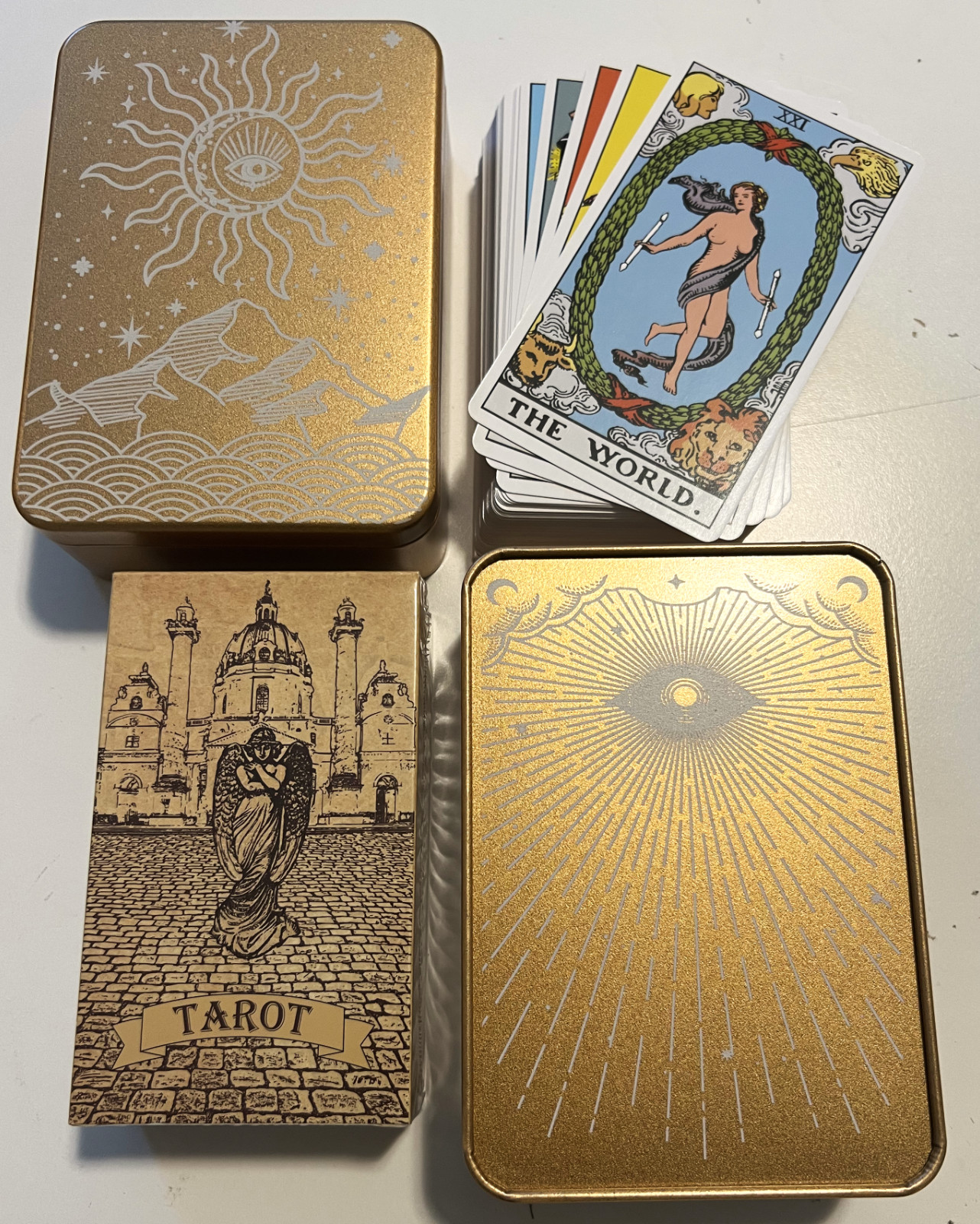 1910 Vintage Classic Tarot 78 Cards Gold Tin with Double Side White Graph