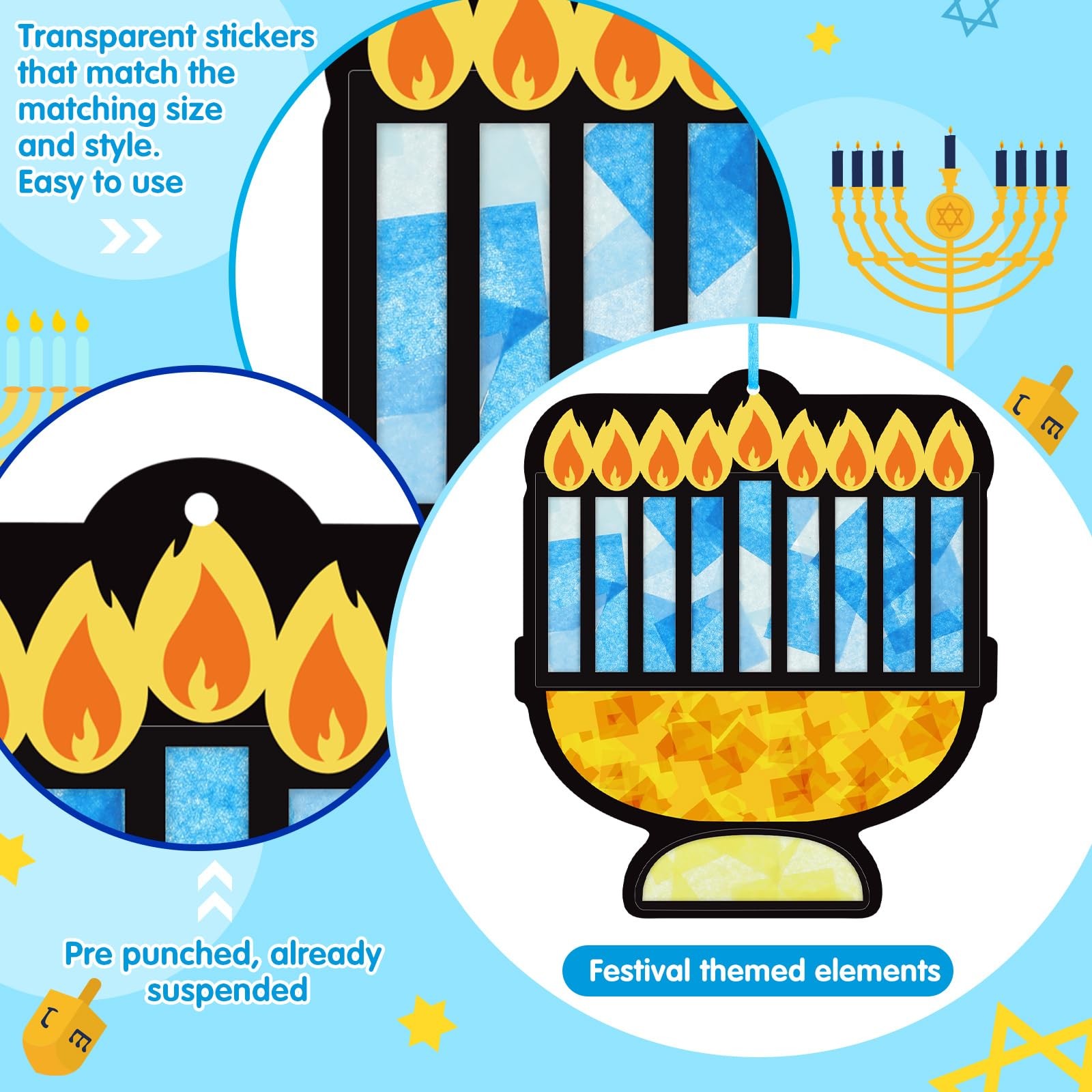 Mooliwe 24 Sets Hanukkah Menorah Tissue Sign Craft Kit 6.3 Inches, Blue