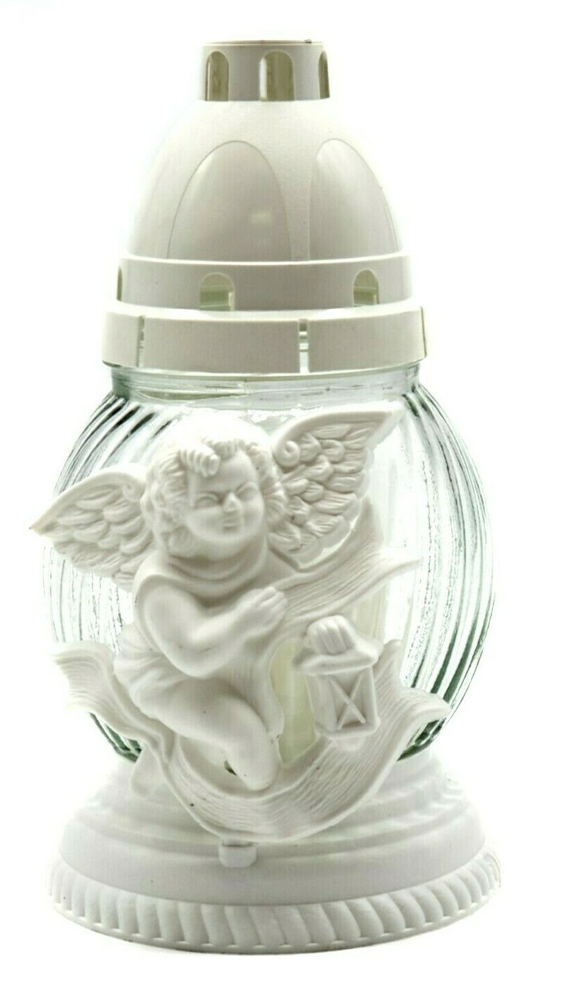 WHITE ANGEL CEMETERY GLASS CANDLE ZNICZ 7,5 INCHES/19CM TALL FROM POLAND